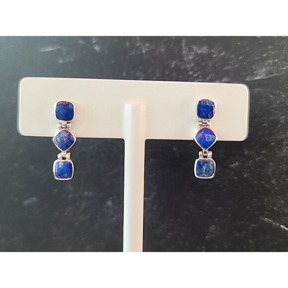 925 Sterling Silver Lapis Lazuli Beaded Dangling Pierced Earrings Vintage - Picture 2 of 10